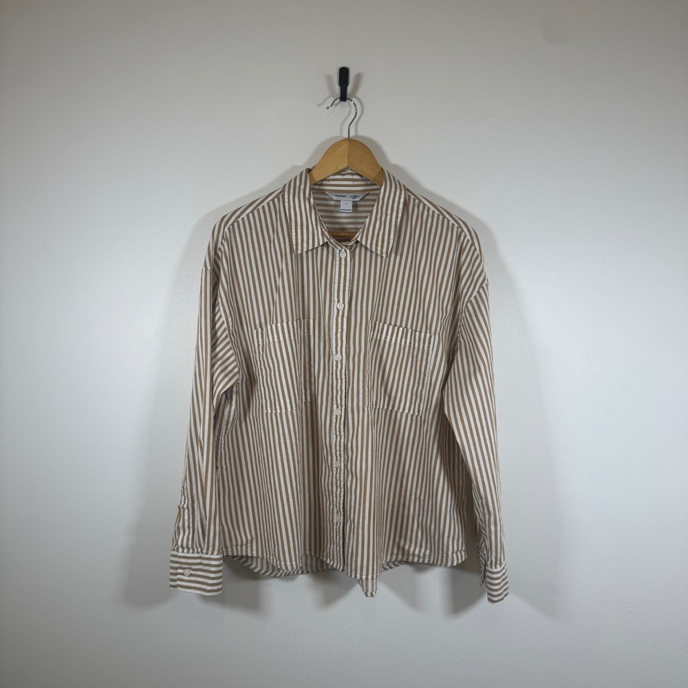 Old Navy Women's Tan and White Striped Button Down “The Boyfriend Shirt”